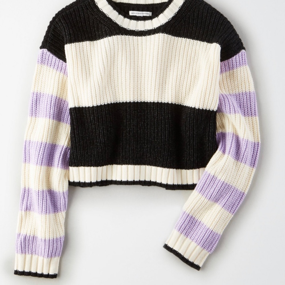 American Eagle striped knit crew neck cropped sweater black white purple - Picture 7 of 7